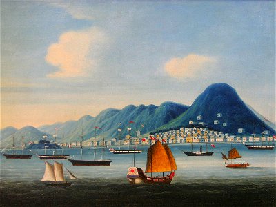 Western Ships in Victoria Harbor, Hong Kong, circa 1845. Free illustration for personal and commercial use.