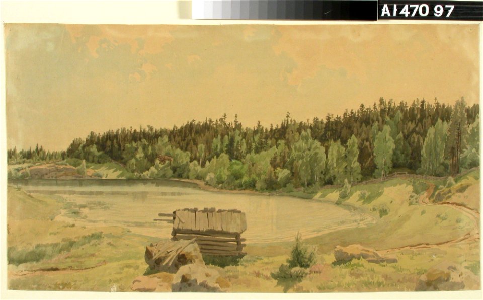 Werner Holmberg - Järvenlahtimaisema, etualalla vanha lato ja taustalla metsäinen ranta - A I 470-97 - Finnish National Gallery