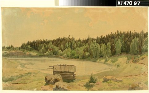 Werner Holmberg - Järvenlahtimaisema, etualalla vanha lato ja taustalla metsäinen ranta - A I 470-97 - Finnish National Gallery