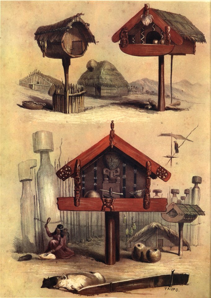 WHATAS, OR PATUKAS, Storehouses for Food, The New Zealanders Illustrated, 1847