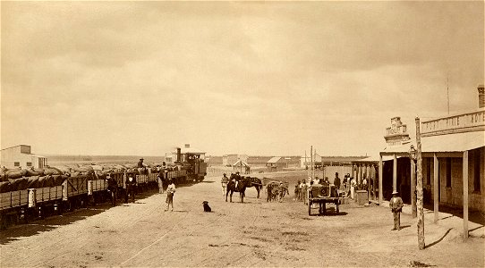 Wheat train on Ellen Street, Port Pirie, South Australia, looking south, about 1875 (SLSA B 8363). Free illustration for personal and commercial use.