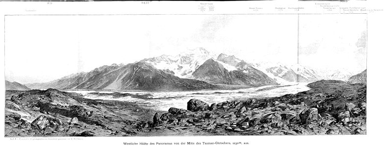 Westliche Hälfte des Panoramas von der Mitte des Tasman-Gletschers