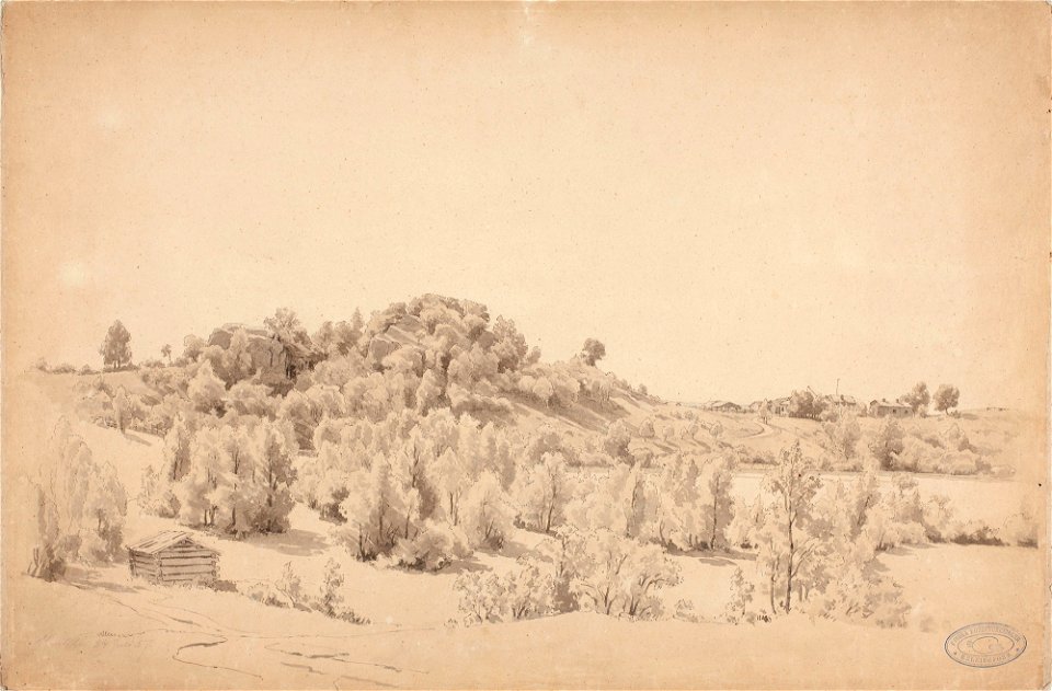 Werner Holmberg - Metsäinen kukkula, järvi ja maalaistalo - A I 98-5 - Finnish National Gallery