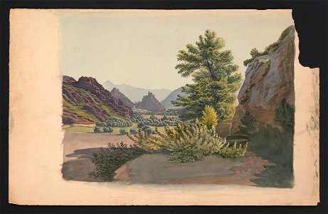 Western scene with buttes and possibly a pueblo community in the distance, as seen from a ravine with a cottonwood tree LCCN2016649122. Free illustration for personal and commercial use.