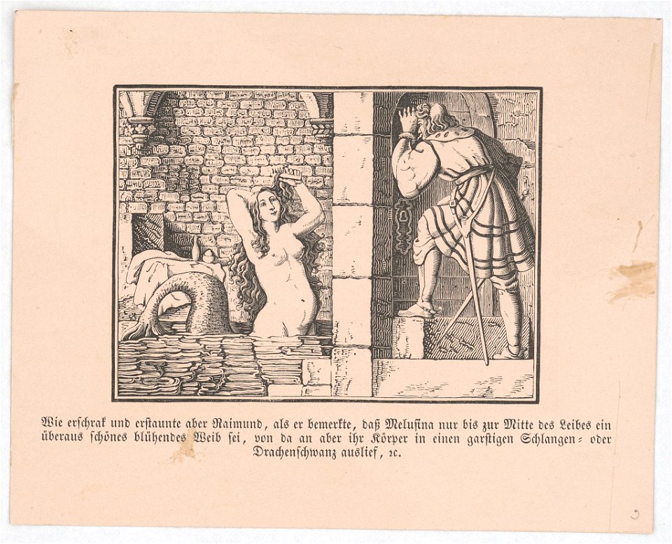 Wie erschrak und erstaunte aber Raimund, als er bemerkte, das Melusina nur bis zur Mitte des Leibes ein überaus schönes blühendes Weib sei, ... LCCN2017660104