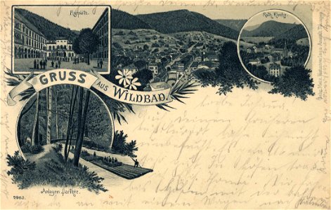 Wildbad (Schwarzwald), Baden-Württemberg - Kurplatz; Kath. Kirche; Floßfahrt durch die Anlagen (Zeno Ansichtskarten)