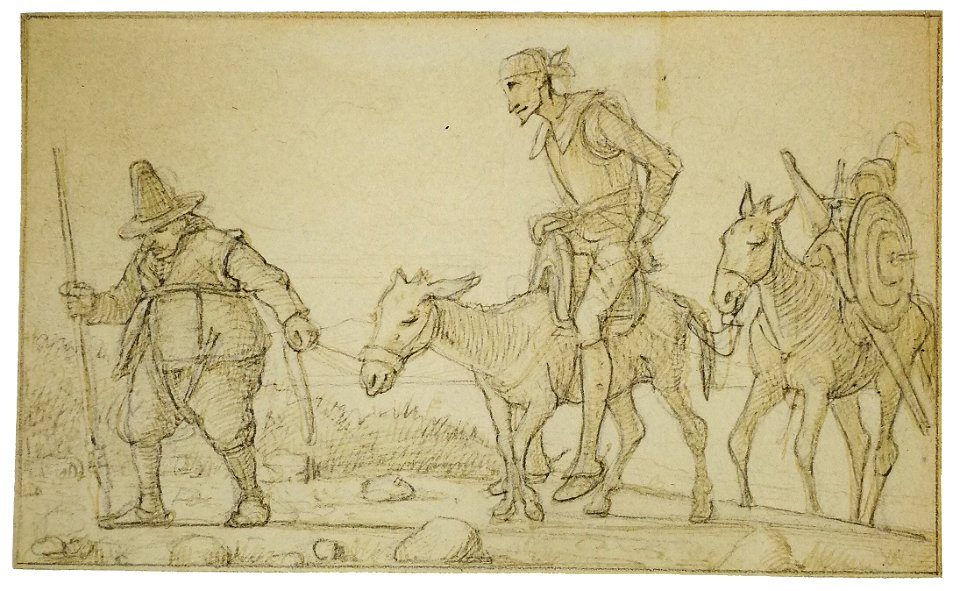 Wilhelm Marstrand - Sancho Panza trækker Don Qiuxote på et æsel