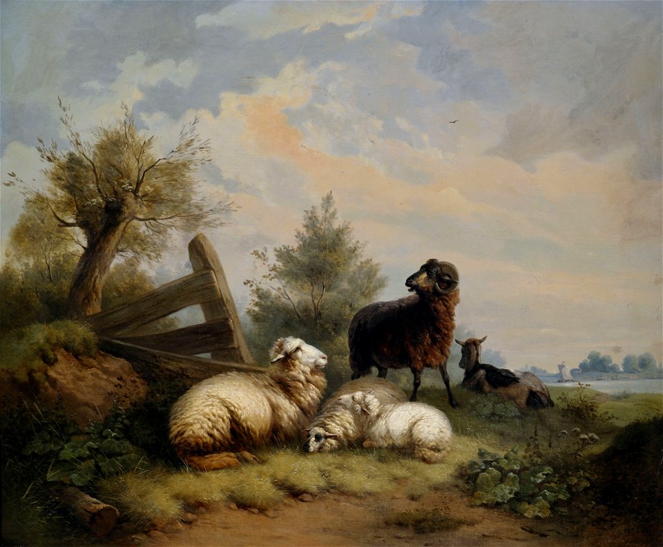 Wilhelm Melchior Schafe Widder und Ziege am Gatter