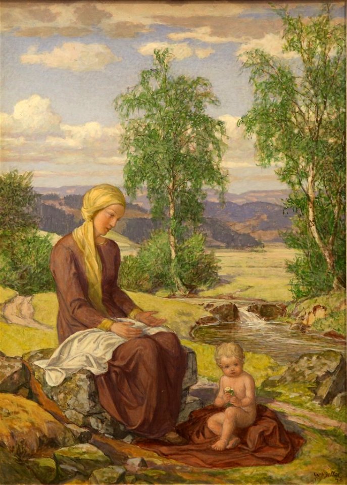 Wilhelm Haller Mutter mit Kind am Ufer eines Baches 1948
