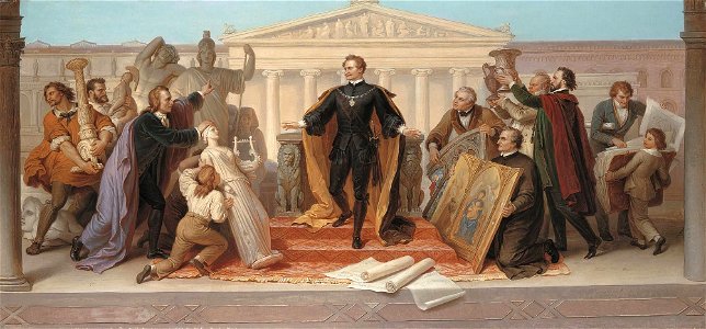 Wilhelm von Kaulbach - König Ludwig I., umgeben von Künstlern und Gelehrten, steigt vom Thron, um die ihm dargebotenen Werke der Plastik und Malerei zu betrachten - WAF 406 - Bavarian State Painting Collections