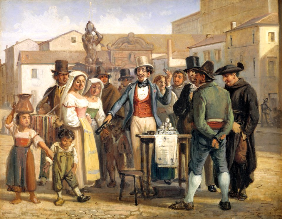 Wilhelm Marstrand - A Charlatan Selling Blacking in the Piazza Barberini in Rome - KMS3770 - Statens Museum for Kunst