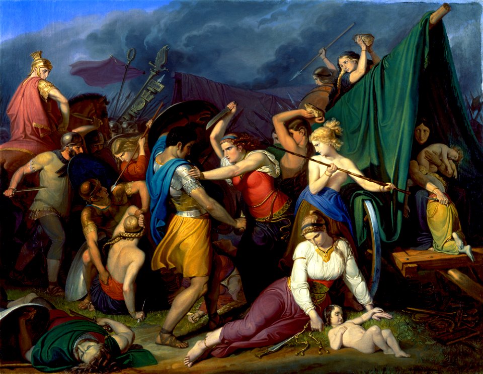 Wilhelm Lindenschmit der Ältere - Die Weiber der Cimbern, ihre Wagenburg gegen die Römer verteidigend - G 5576 - Lenbachhaus