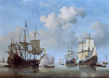 Willem van de Velde (II) - Calm - Dutch Ships Coming to Anchor - WGA24523. Free illustration for personal and commercial use.