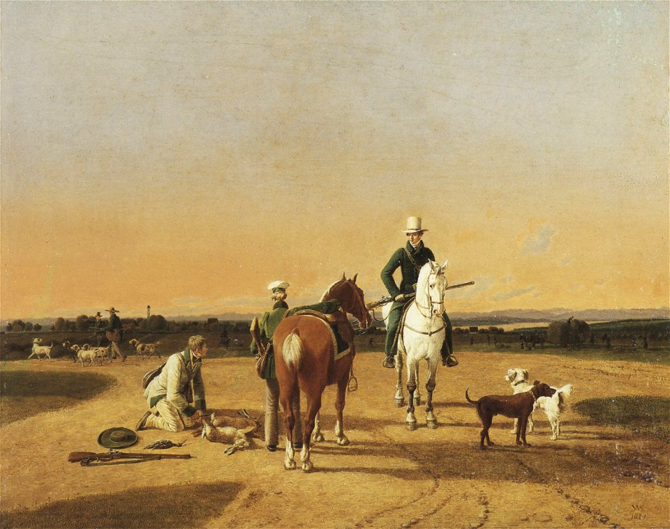 Wilhelm von Kobell Jäger mit Jagdbeute in oberbayerischer Landschaft 1821
