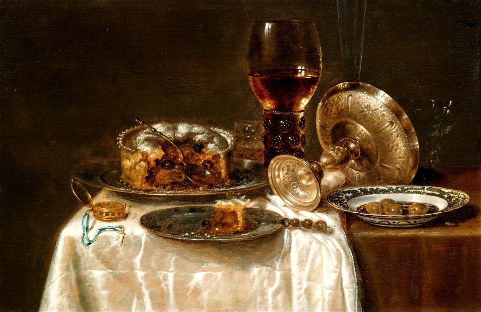 Willem Claesz. Heda - Olives in a blue and white porcelain bowl, a roemer, wine glasses, an overturned silver tazza and a meat-pie