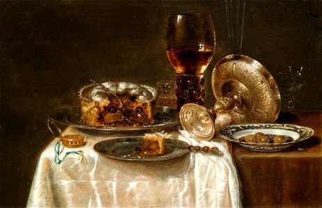 Willem Claesz. Heda - Olives in a blue and white porcelain bowl, a roemer, wine glasses, an overturned silver tazza and a meat-pie