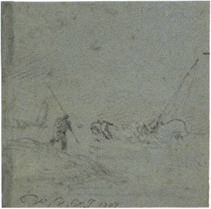 Willem van de Velde de Jonge - Een visser op een oever met een onstuimige zee buiten