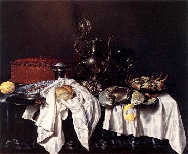 Willem Claesz. Heda - Still-Life with Pie, Silver Ewer and Crab - WGA11248. Free illustration for personal and commercial use.