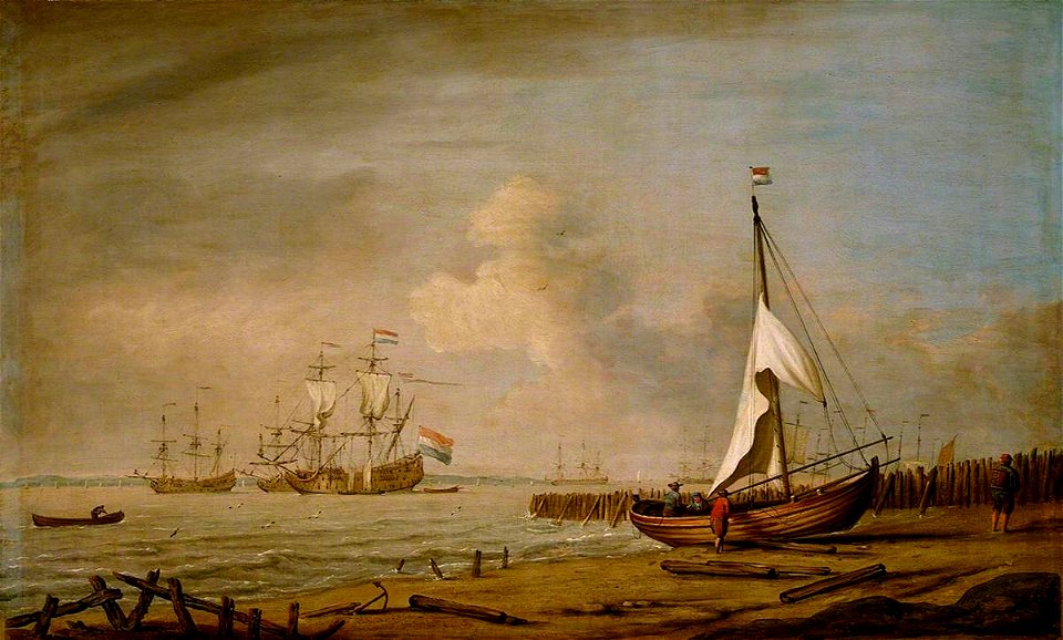 Willem van de Velde II (1633-1707) (follower of) - A Fishing Pink Hauled up on the Beach in a Fresh Breeze on the Dutch Coast - BHC0895 - Royal Museums Greenwich