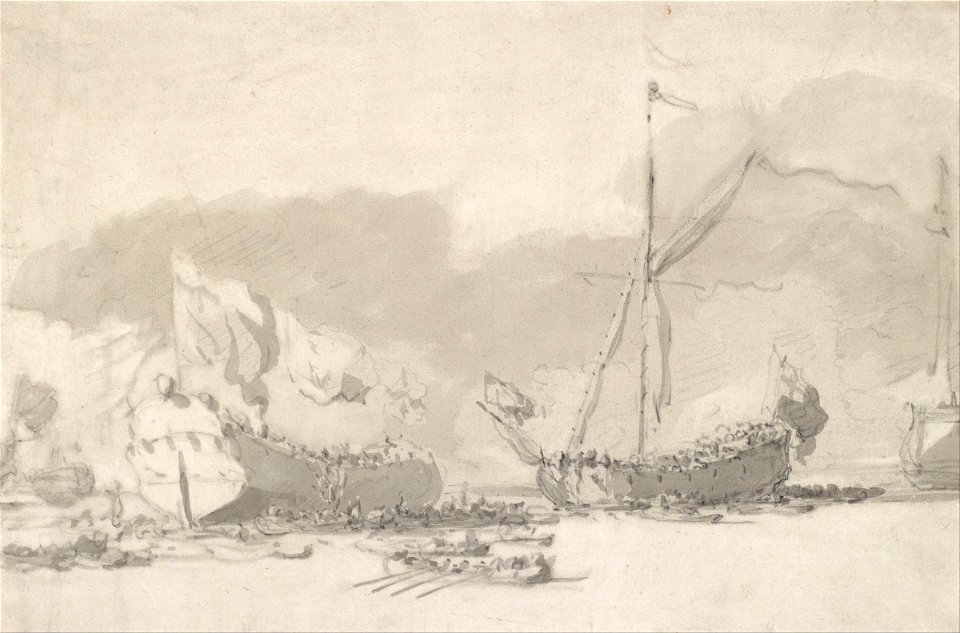 Willem van de Velde Ii - The Launch of a Single-Deck Warship with a Royal Yacht in Attendance - Google Art Project