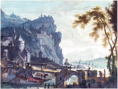 Willem Troost- fantasy Rhine landscape with castle town