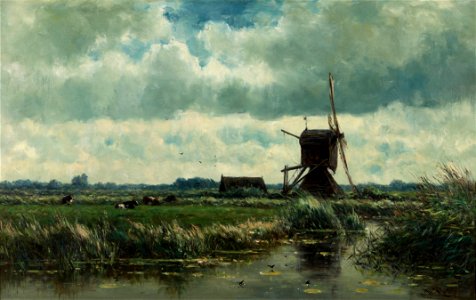 Willem Roelofs - Polder landscape with windmill near Abcoude - Google Art Project. Free illustration for personal and commercial use.