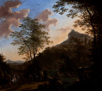 Willem de Heusch (c.1625-c.1692) - Hilly Landscape with Figures and Horses near a Bridge over a River - 108891 - National Trust