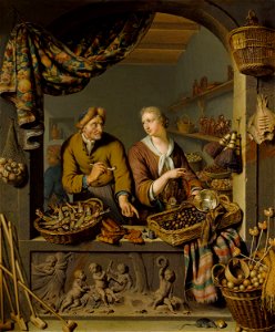 Willem van Mieris (Leiden 1662-Leiden 1747) - An old Man and a Girl at a Vegetable and Fish Stall - RCIN 405946 - Royal Collection. Free illustration for personal and commercial use.