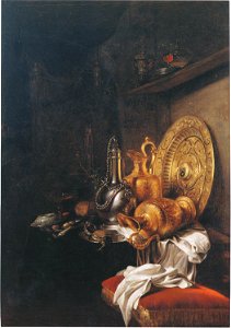Willem Kalf - Still Life with Ewers. Plate, Watch and Tazza. Free illustration for personal and commercial use.