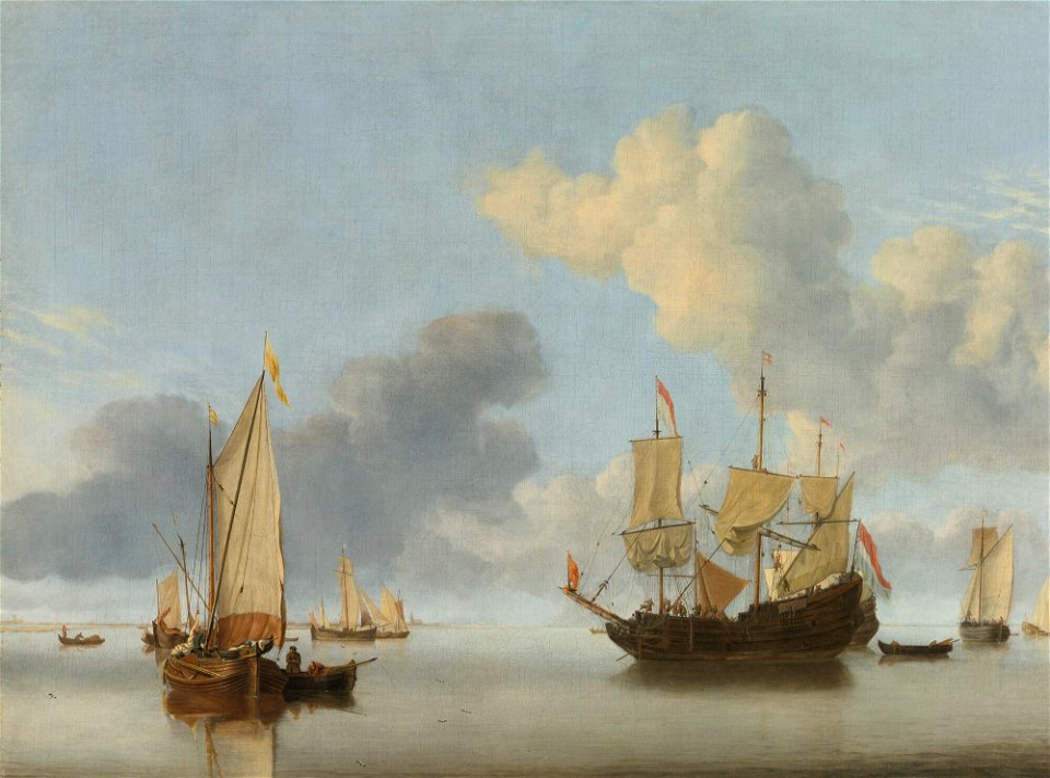 Willem van de Velde - A Dutch ship at anchor drying sails and a Kaag under sail 093N09102 6XS62