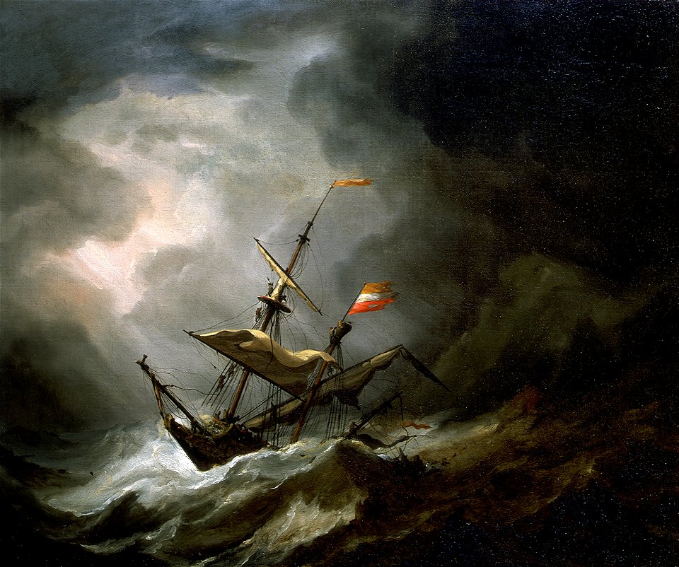 Willem van de Velde de Jonge - Een mediterraan Brigantine Drifting Onto een rotsachtige kust in een storm