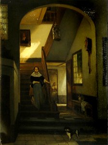 Willem Linnig the Elder - An interior with a woman descending a staircase. Free illustration for personal and commercial use.