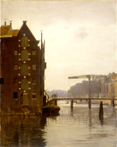 Willem Witsen - Pakhuizen aan een Amsterdamse gracht op Uilenburg