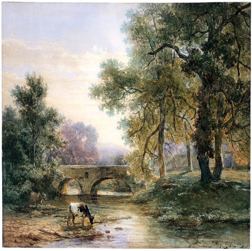 Willem Roelofs - Boomrijk landschap met stenen brug over een rivier