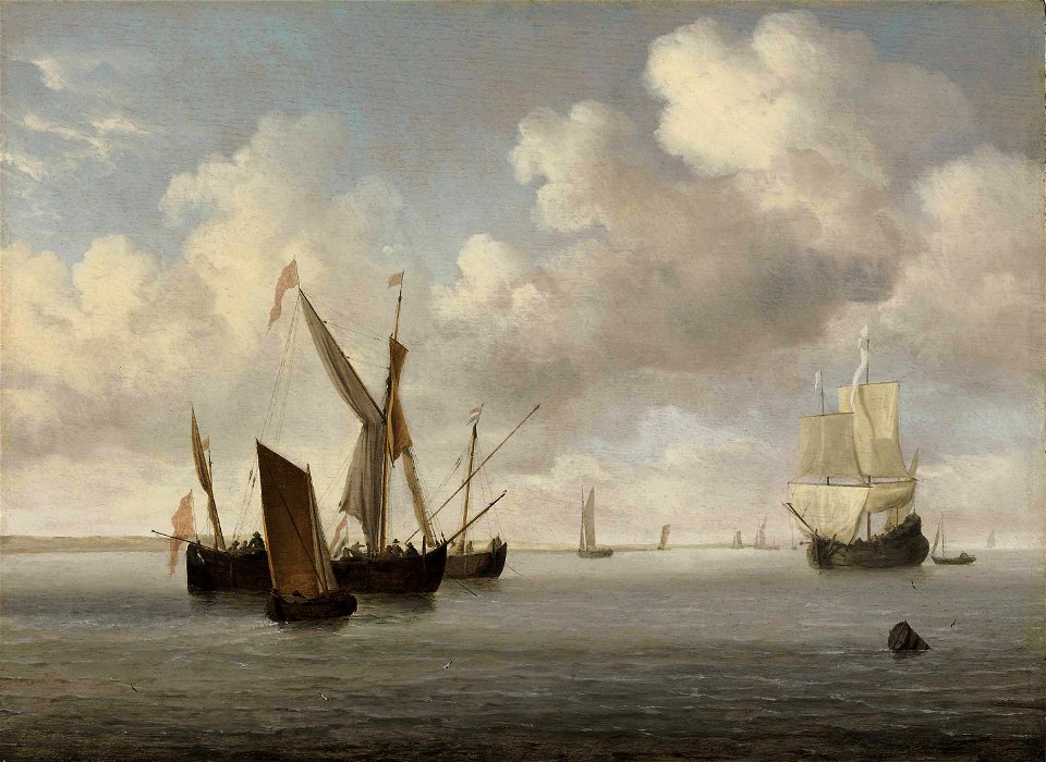 Willem van de Velde the Younger - A galjoot and a smalschip at anchor approached by a small kaag...