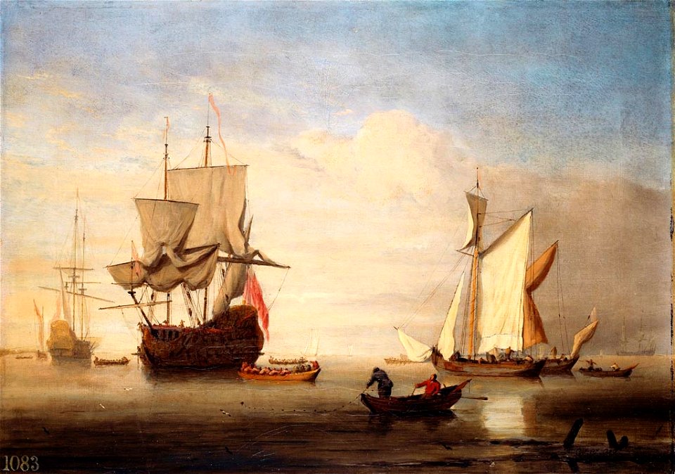 Willem van de Velde the Younger (1633-1707) - A Calm, an English Three-Decker Drying Sails with two Galliots near her - RCIN 405503 - Royal Collection