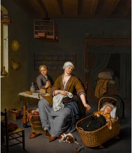 Willem van Mieris - A young mother with two children in an interior245L11037 68PZD. Free illustration for personal and commercial use.