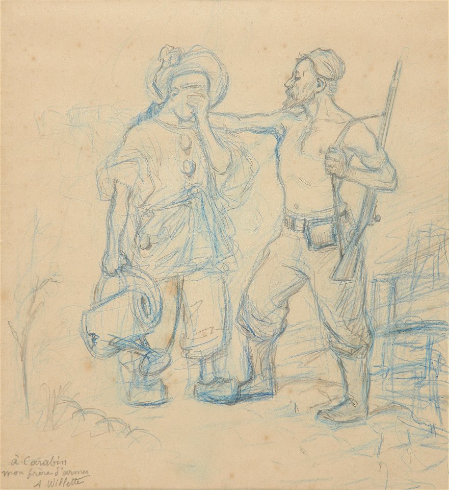 Willette A. - Blue and Black pencils - Soldat consolant Pierrot - ~24x22cm