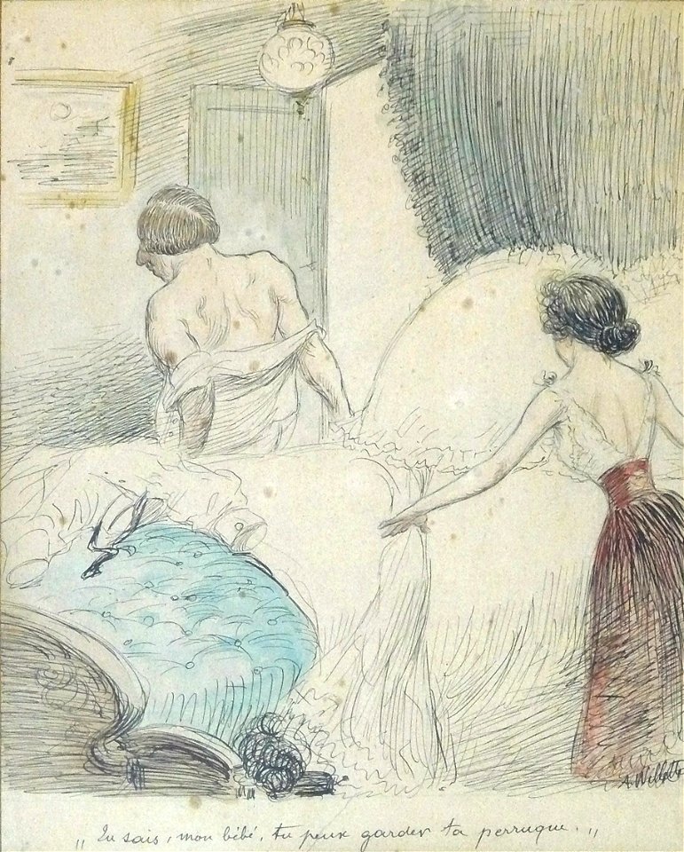 Willette A. - Ink, colors - « Tu sais mon bébé, tu peux garder ta perruque » - 24.8x20.3cm