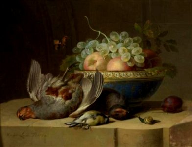 Willem van Leen - Stilleven met vruchten in een schaal, dood gevogelte en een slak - NK2695 - Cultural Heritage Agency of the Netherlands Art Collection