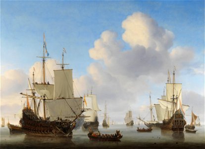 Willem van de Velde II - Dutch men-o'-war and other shipping in a calm. Free illustration for personal and commercial use.