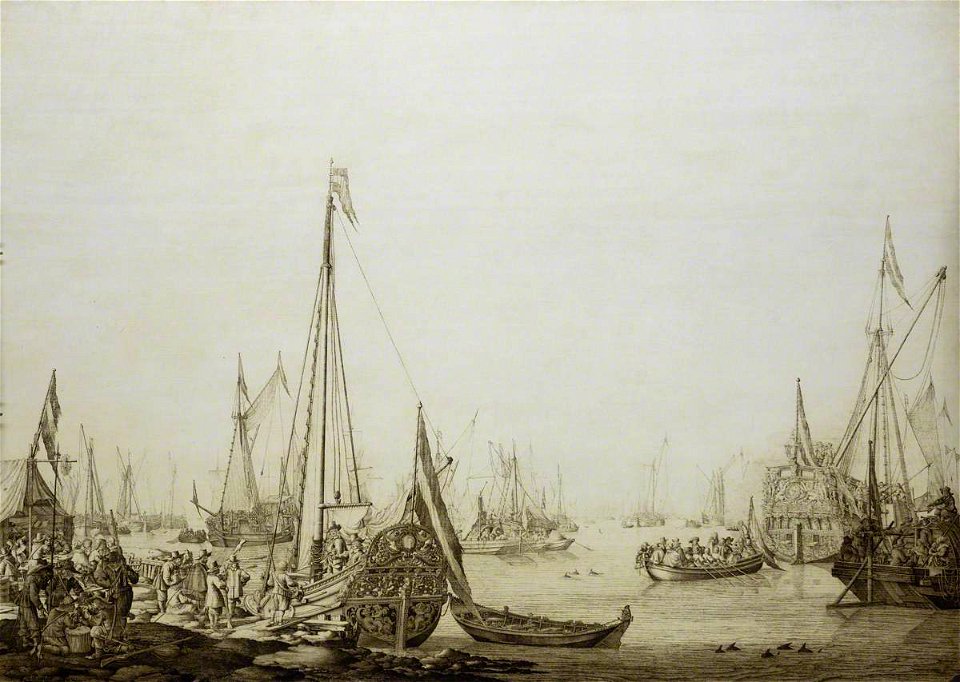 Willem van de Velde I (1611-1693) - A Dutch Bezan Yacht and Many Other Vessels in a Crowded Harbour beside a Tavern - BHC0862 - Royal Museums Greenwich