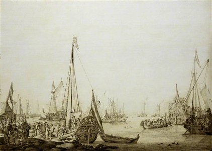 Willem van de Velde I (1611-1693) - A Dutch Bezan Yacht and Many Other Vessels in a Crowded Harbour beside a Tavern - BHC0862 - Royal Museums Greenwich