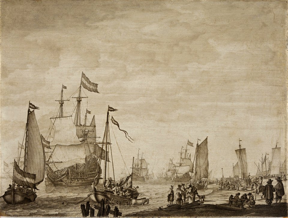 Willem van de Velde I - Two Boeier Yachts Close in to the Shore with a Flagship Coming in to Anchor, ca. 1650