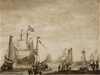 Willem van de Velde I - Two Boeier Yachts Close in to the Shore with a Flagship Coming in to Anchor, ca. 1650