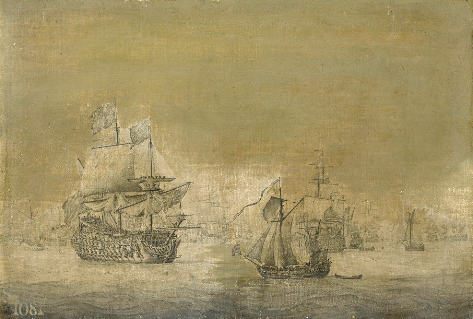 Willem van de Velde the Elder (1611-93) - An English Three-decker in a Light Breeze with a Royal Yacht Sailing Towards her - RCIN 400032 - Royal Collection