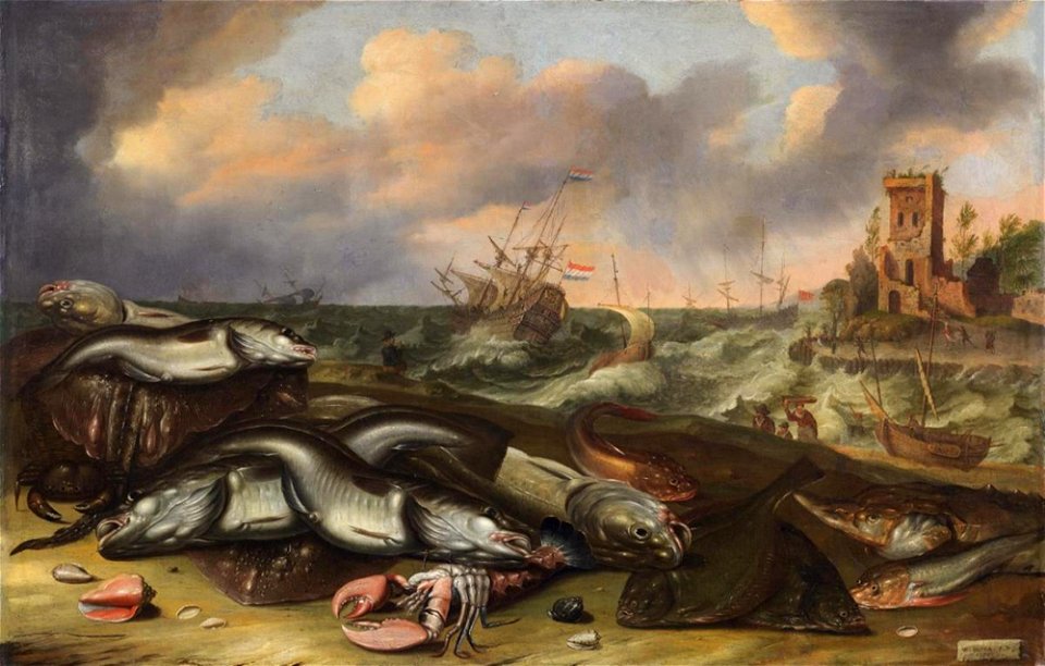 Willem Ormea & Abraham Willaerts - Vis Stilleven met stormachtige zeeën