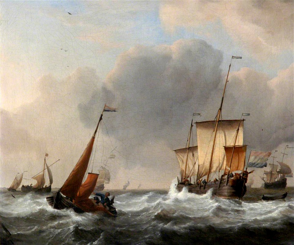 Willem van de Velde II (1633-1707) - A Dutch Three-Master and a Boeier in the Foreground, Her Mainsail Being Lowered in Stormy Weather - 810138 - National Trust