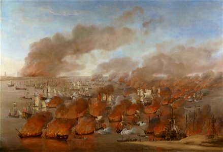 Willem van de Velde the Elder (1611-93) - 'Holmes's Bonfire', the burning of Dutch Merchant Ships between Terschelling and Vlieland, 19th August 1666 - RCIN 406560 - Royal Collection
