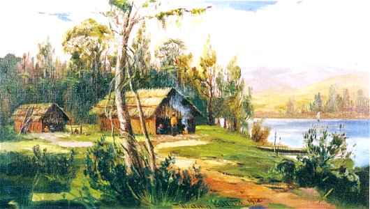 William Allan Bollard - Maori village, Rotoiti. Free illustration for personal and commercial use.